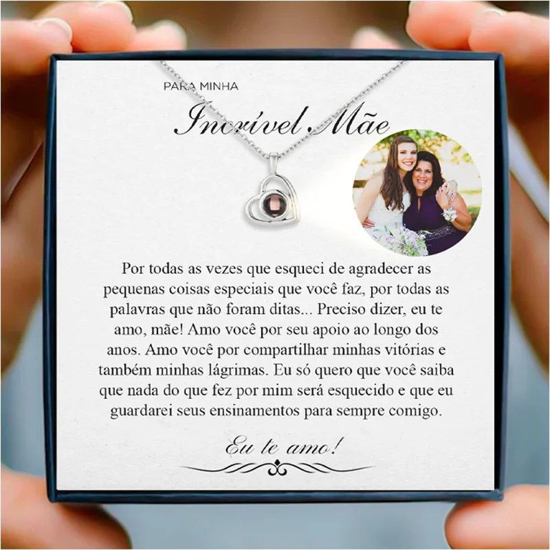 Custom Projection Photo Necklace with Heart  Necklace Personalized Photo INCRÍVEL MÃE Necklace  for Mother's Day Gift Jewelry