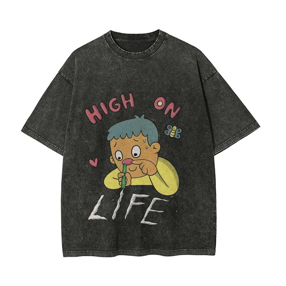 

Cartoon Short-Sleeved Thinking Little Boy Letter Print Round Neck Pullover Shoulder Loose Casual Designer New T-Shirt