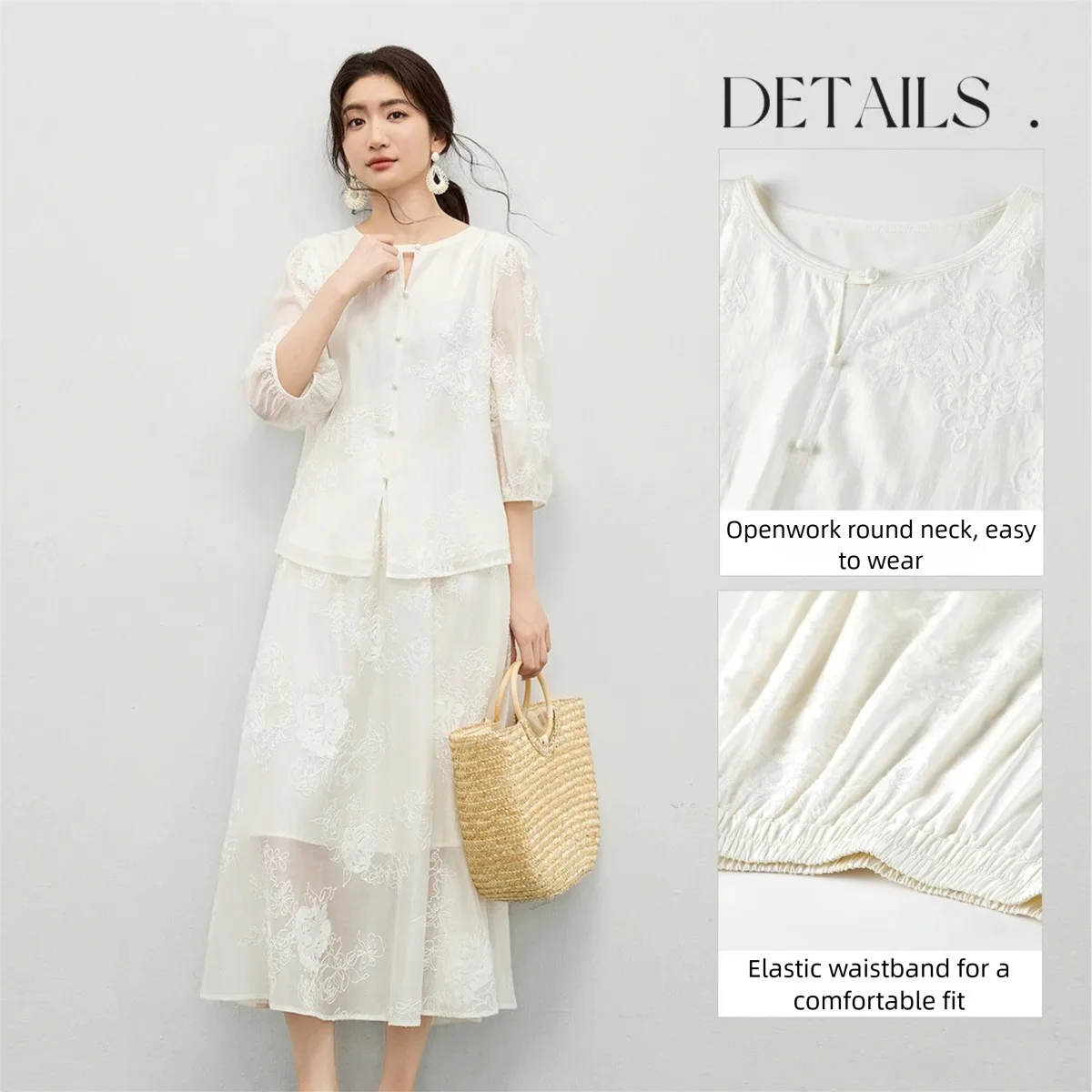 SENTUBILA Women's Lyocell Embroidered 2-Piece Set 2026 Summer Sheer Lantern Sleeve Blouse + Elastic Waist Midi Skirt Q61ZK6220
