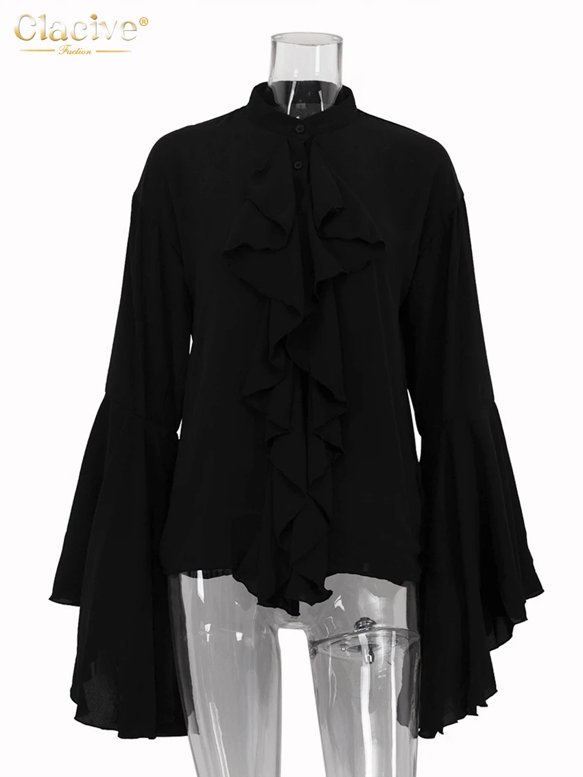Clacive Fashion Loose Black Women's Shirt 2025 Casual Stand Collar Long Sleeve Shirts Elegant Classic Solid Top Female Clothing