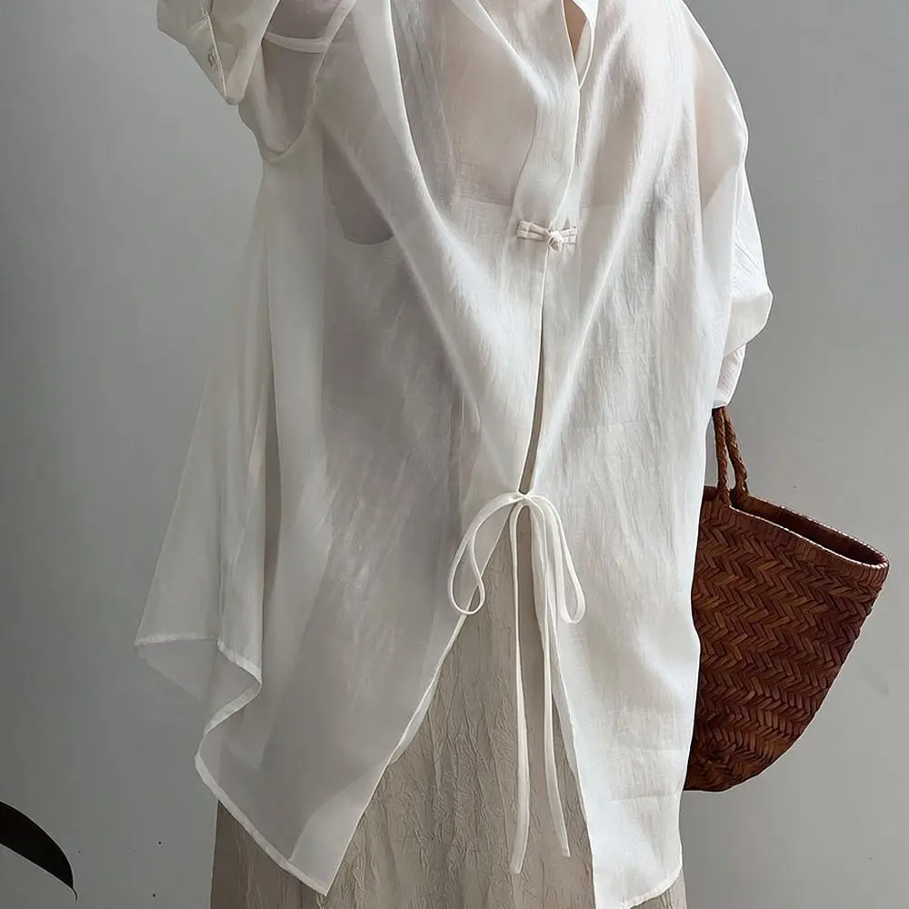 Minimalist Women Summer Shirt New Chinese Design Thin Breathable Sunscreen Top Loose Fit Casual Holiday Elegant Outwear
