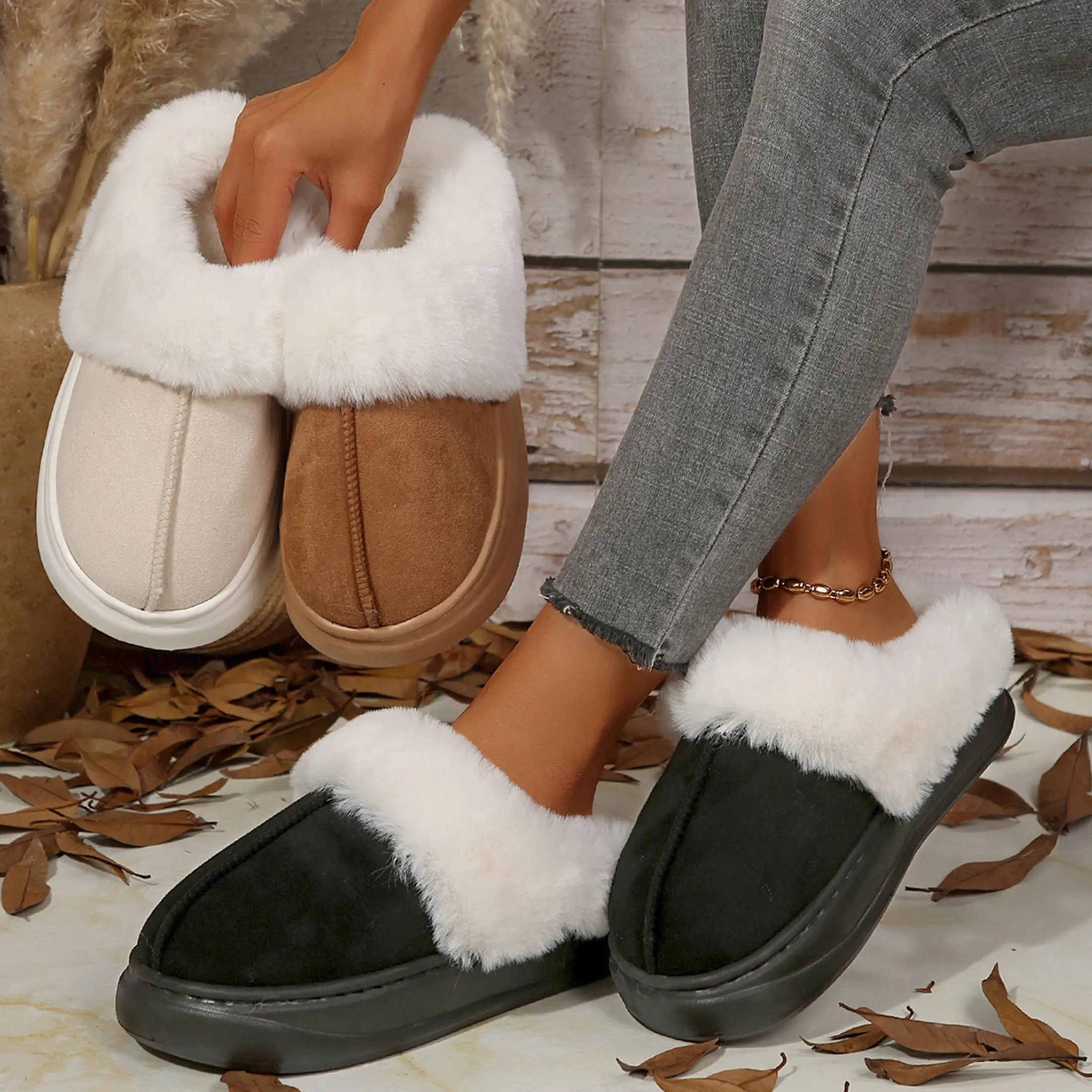 Women's Plush Lined Mule Slippers Cozy Suede Slip-Ons with Plush Cuff for Winter Warmth Indoor Outdoor Shoes view 8