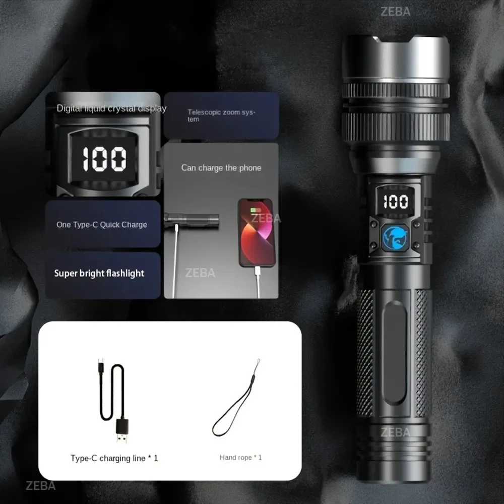 High Strong Power Led Flashlights 2000LM Tactical Torch with Display Light USB Charging Camping Fishing Emergency Zoom Lantern
