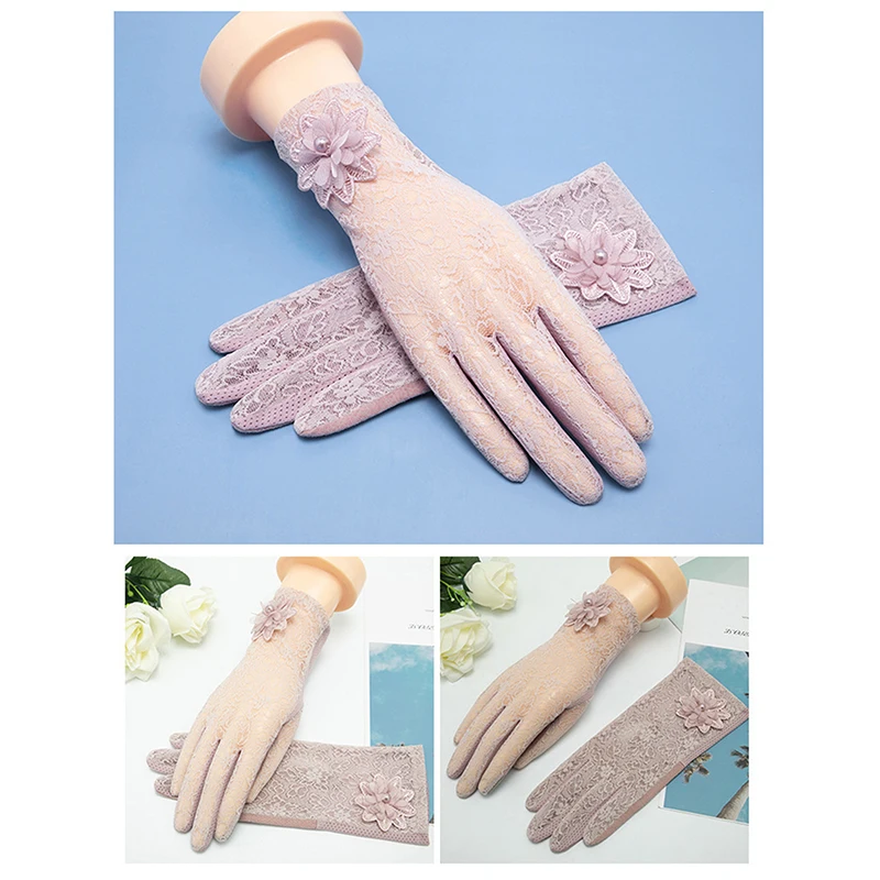

Солнцезащитные перчатки с цветочным кружевом, дышащие, нескользящие, быстросохнущие короткие перчатки из ледяного шелка, элегантные женские велосипедные перчатки с сенсорным экраном