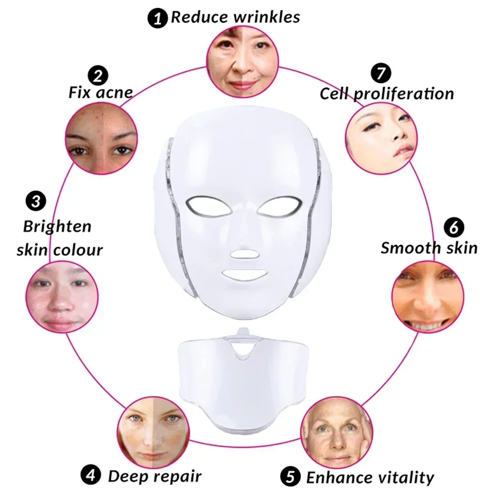 7 Colors  Facial LED Mask Red Light Therapy Photon Anti Aging Face Neck Beauty Mask Relaxation Treatment Anti-Wrinkle Skin Care