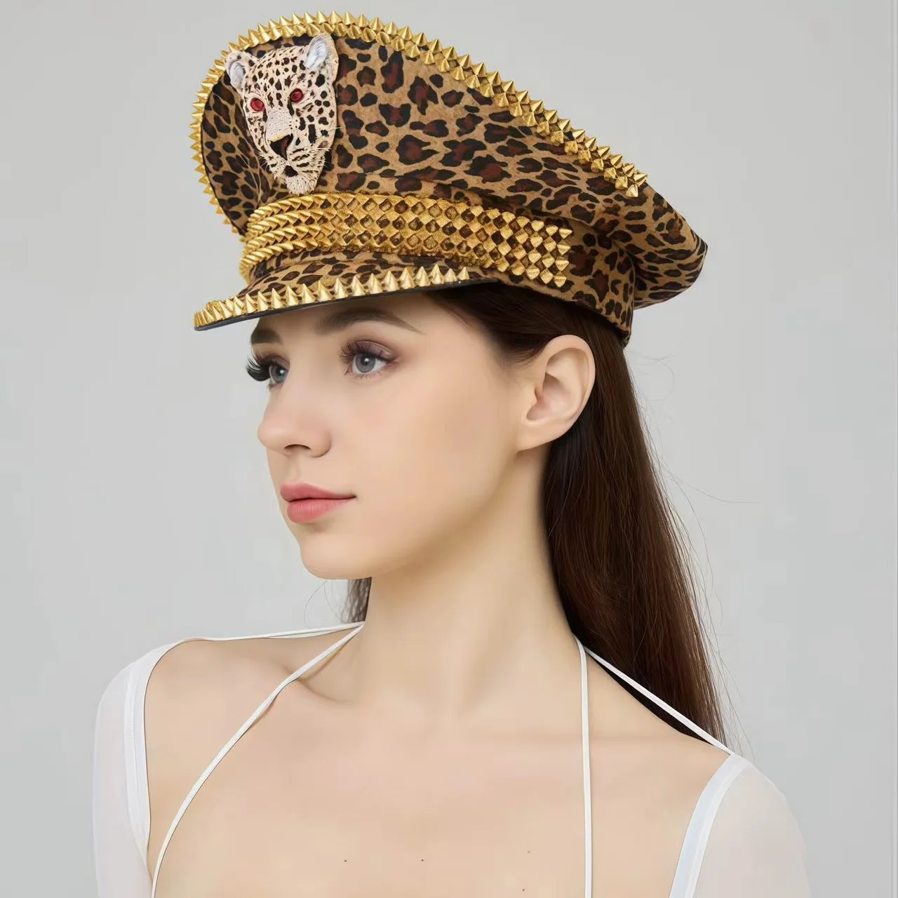 HongLuan 100% Polyester Rhinestone Women Men Hat Leopard Print Handmade Festival Captain Hat Military Cap Masquerade Party