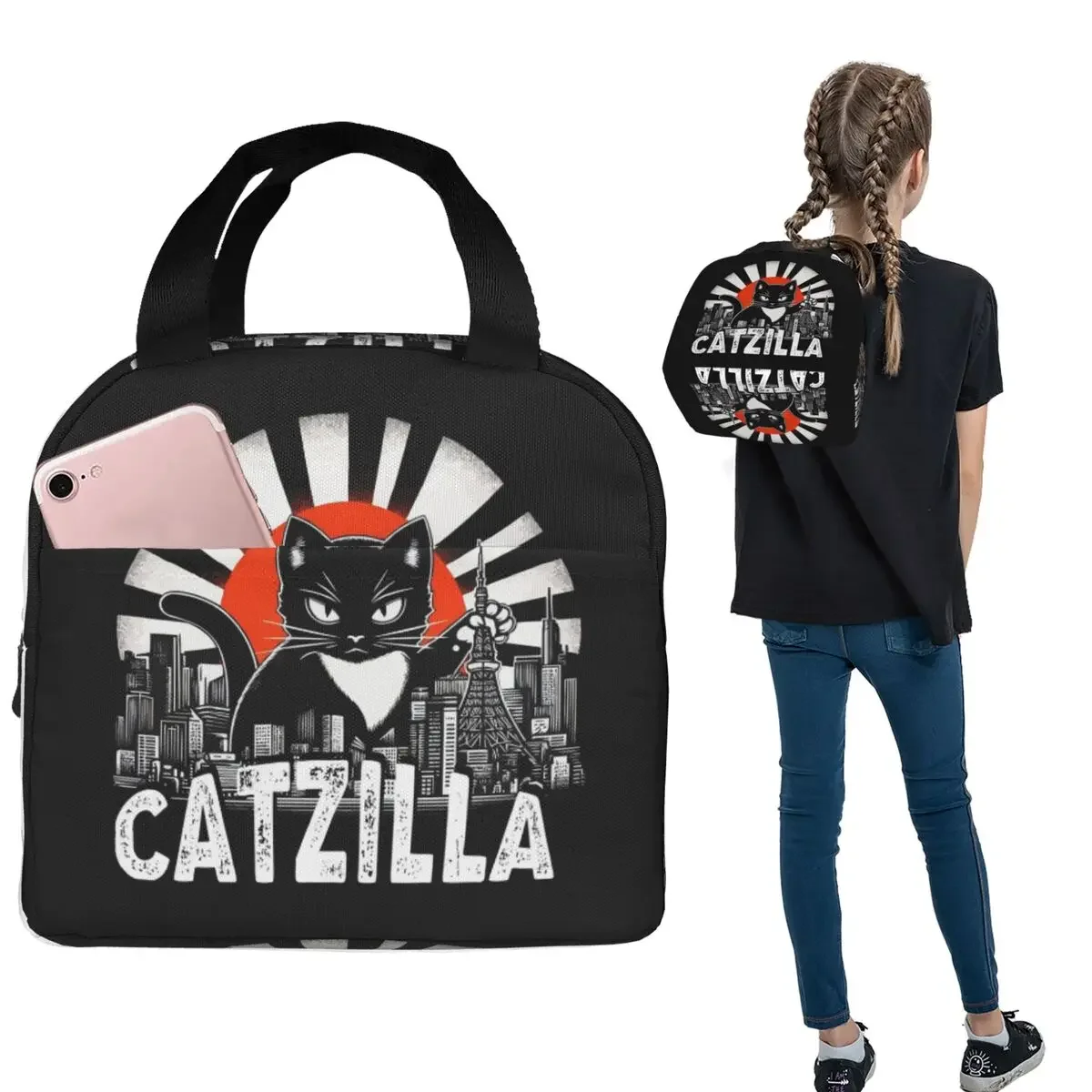 

Винтажная термосумка для обеда Catzilla Japanese Sunset Cat Lover для женщин и детей, портативная термосумка для еды, термосумка-тоут