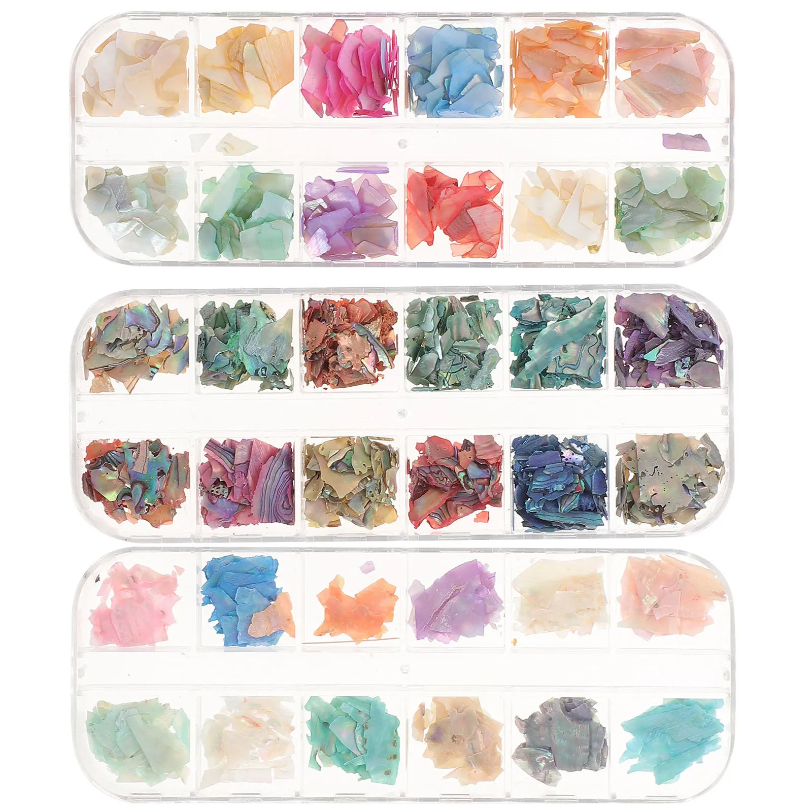 3 scatole di decorazioni per unghie con ciondoli per manicure, 12 griglie, fiocchi di conchiglia, toppe glitterate, accessori glitter per unghie fai da te per la casa del salone