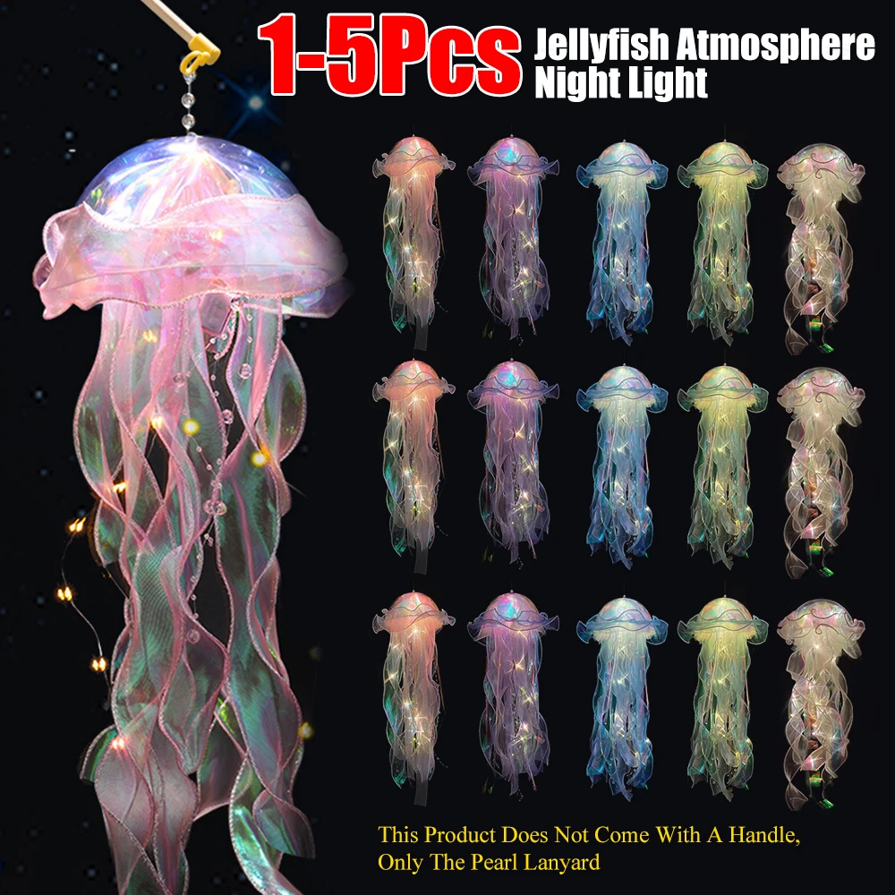 DIY Jellyfish Bedroom Light Lamp Button Battery Hanging Ceiling Lantern Realistic with Ribbon&Bead for Children Bedroom Colorful