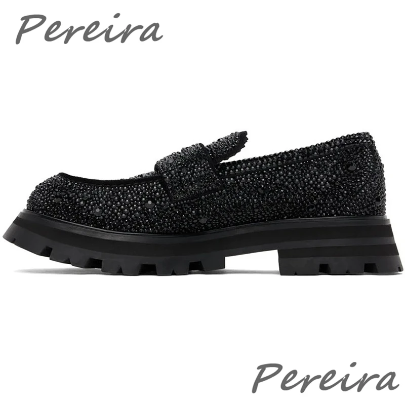 Bling Rhinestone Black Full Drill Men Casual Shoes Round Toe Slip On Loafers British Style Wedding Party Business Dress Shoes