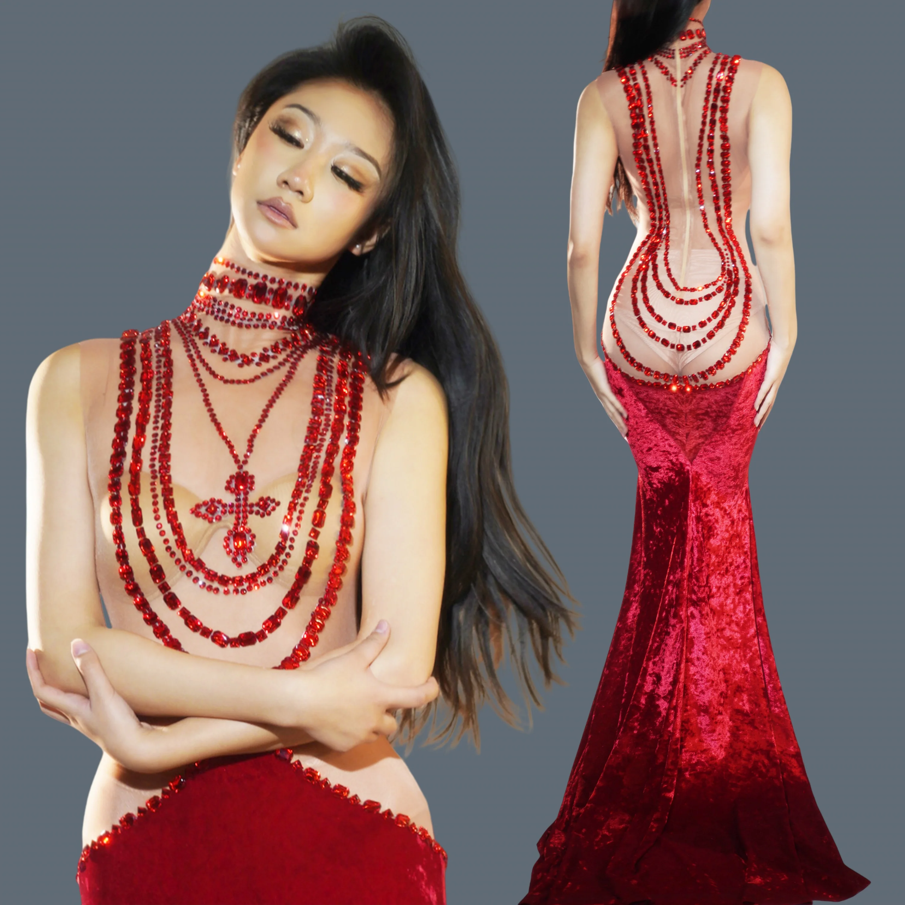 Sparkly Rhinestone Red Velvet Ball Dress For Women Fishtail Gown Elegant Wedding Dress Party Dinners Sexy  Evening Dress Xinyang