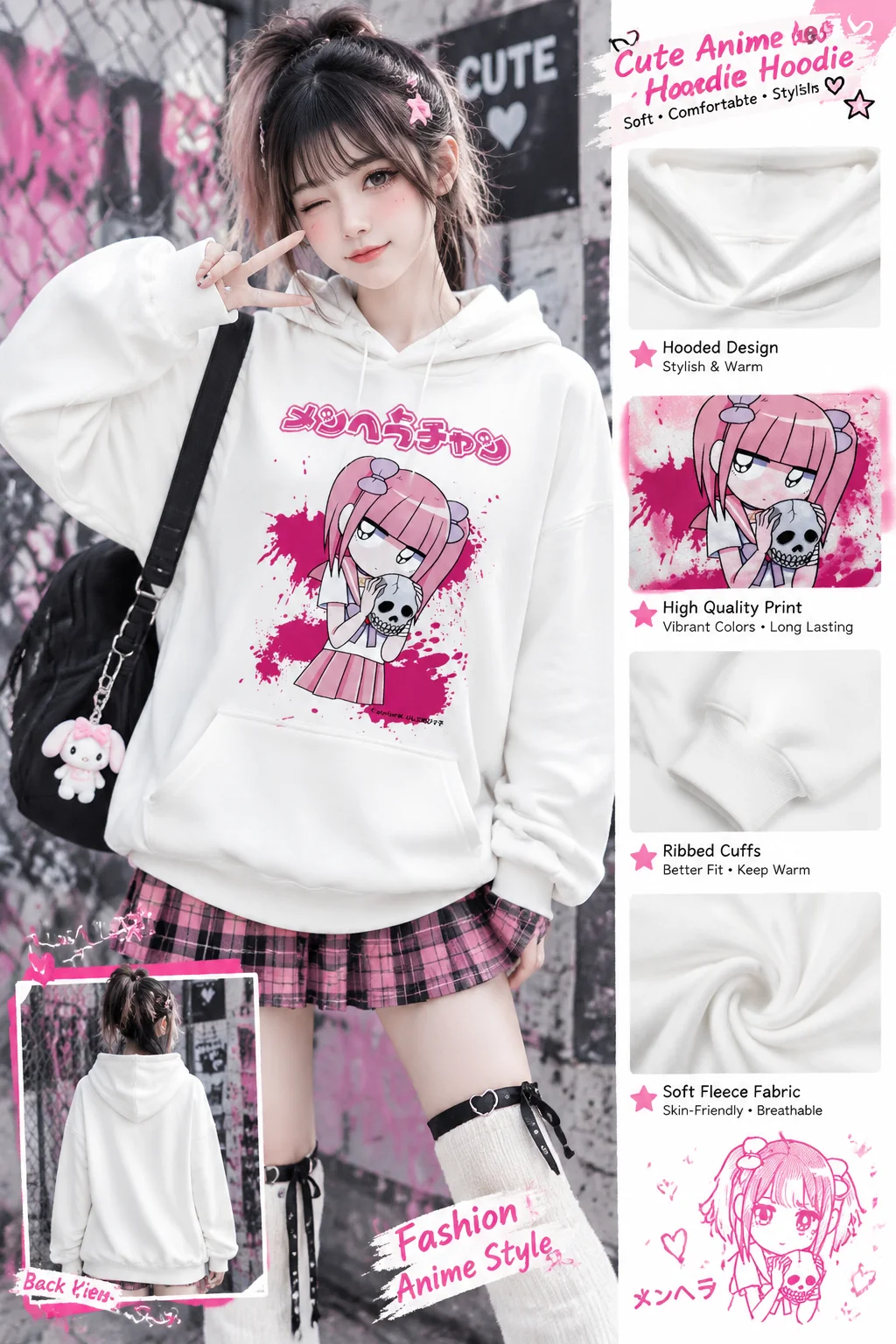 Harajuku Y2K Girl Skull Print Hooded Sweatshirt Loose Shoulder Long Sleeved Casual Loose Sweatshirt Unisex Street Daily Home Top