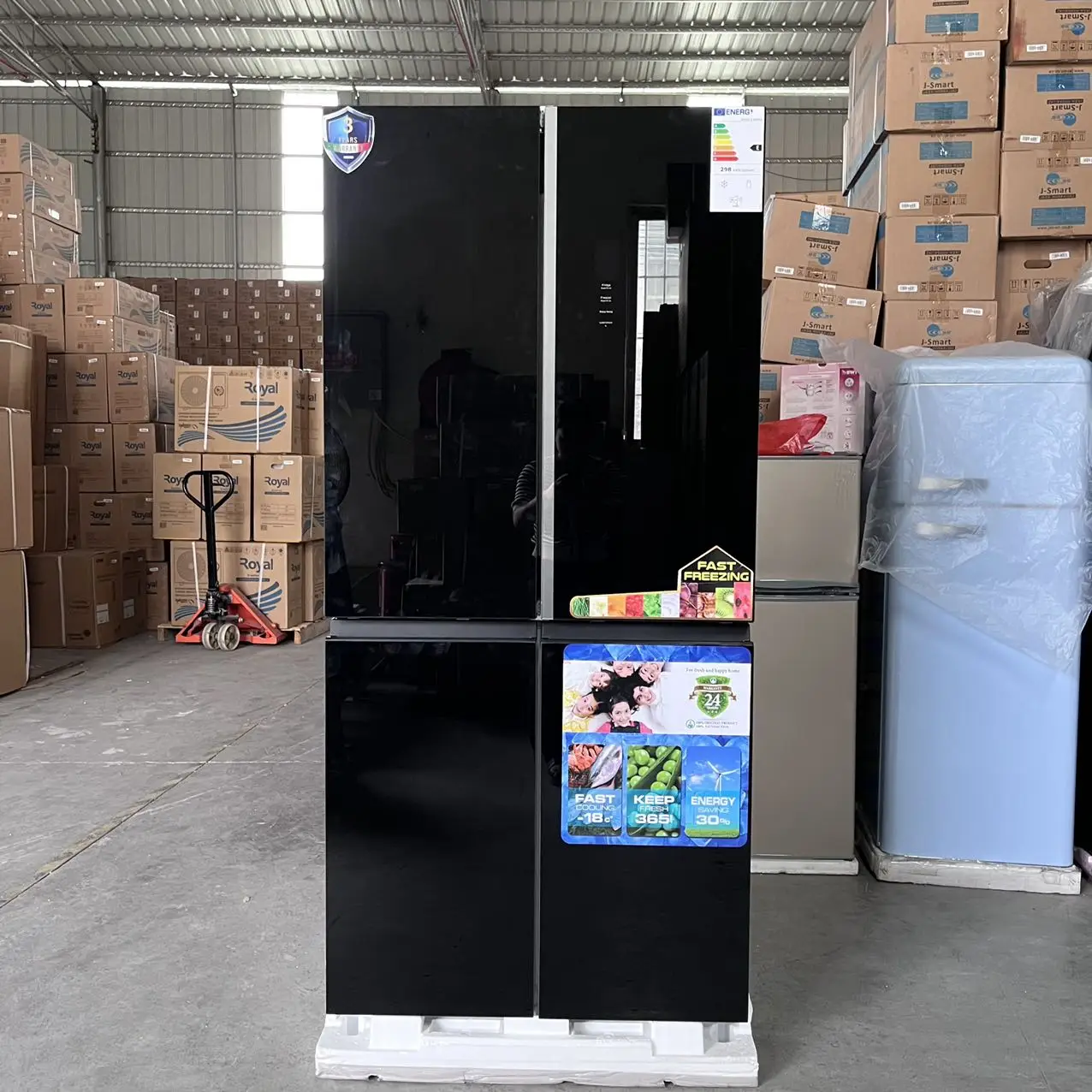 

631L Black Tempered Glass Cross 4 Door Fridge Inverter Air Cooled Auto Defrost Refrigerator with Fresh Zone for Home Large