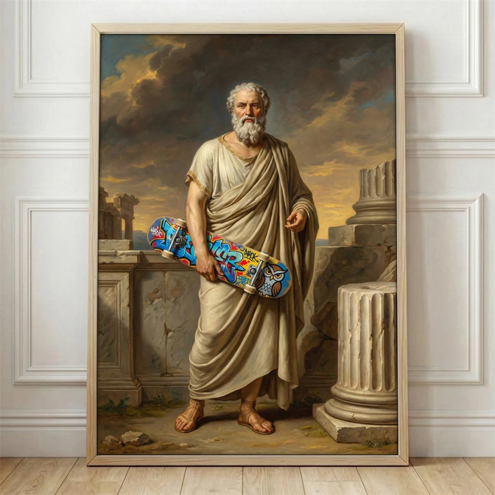 Funny Philosopher with Skateboard Art Poster Ancient Greek Statue Street Art Prints Dark Academia Humor Wall Decor Graffiti Gift