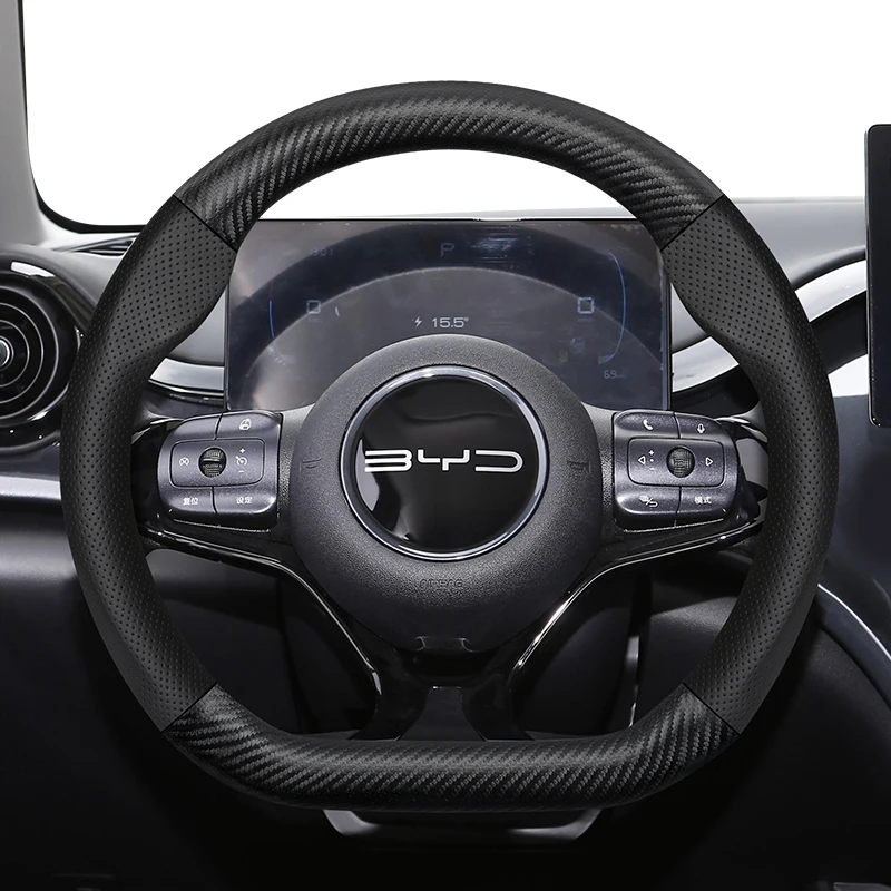 For BYD Carbon Fiber Texture Perforated Leather Steering Wheel Cover Dolphin Mini Atto 3 Seal U Song Plus King Seagull F3 Pro