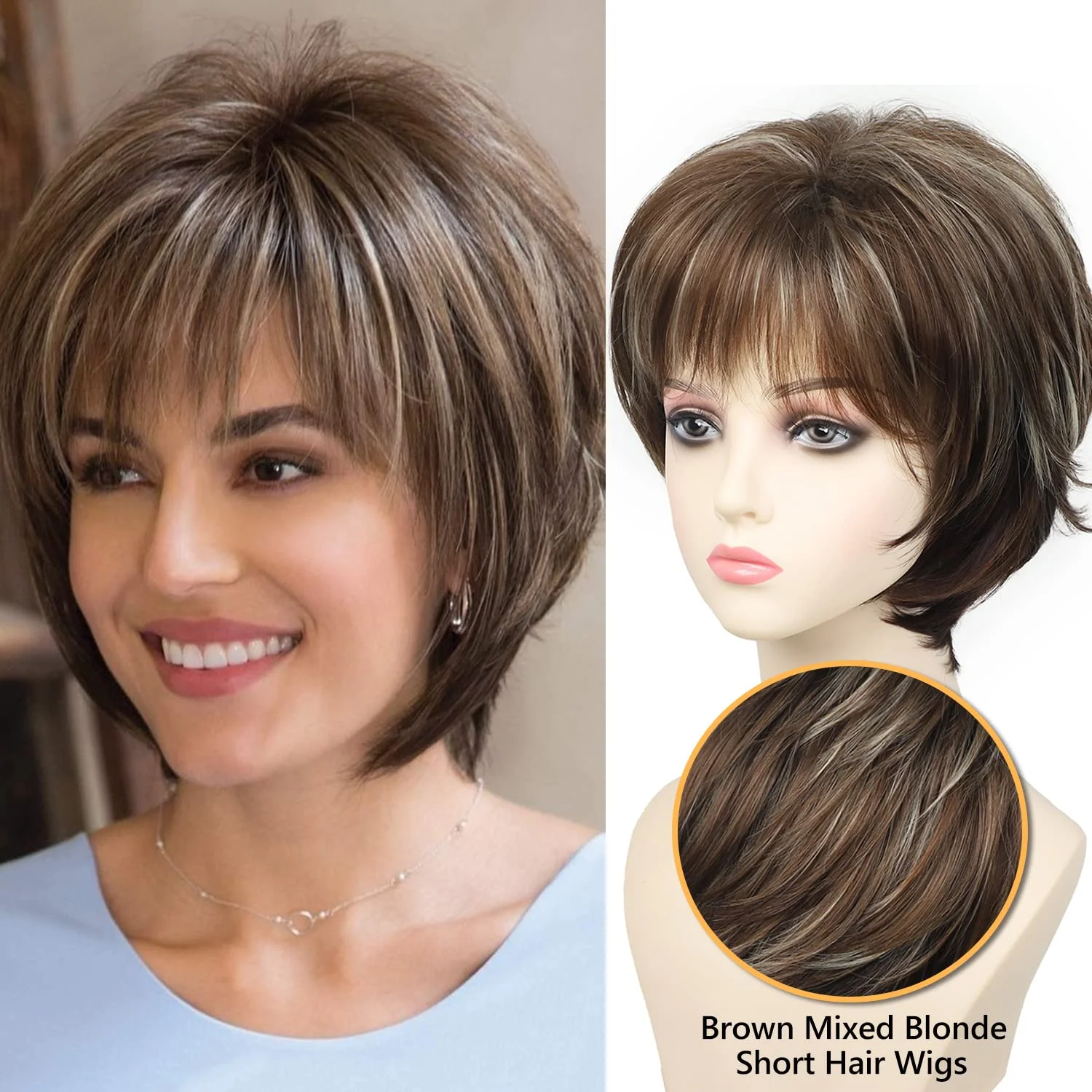 

Pixie Cut Wig for Women Short Hair Wigs with Bangs Light Brown Dark Root Mixed Gray Short Layered Synthetic Hair Wigs