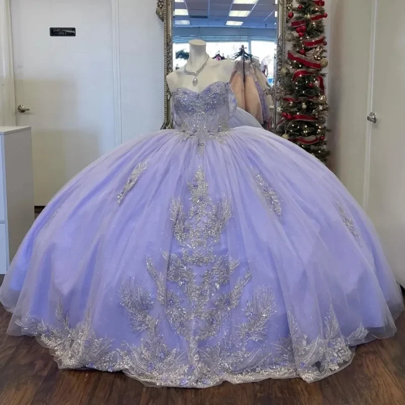 Glitter Lila Sweetheart vestidos De quinceañera sin hombros Vestido De baile Tull corsé mexicano dulce 16 Vestido De 15 Anos