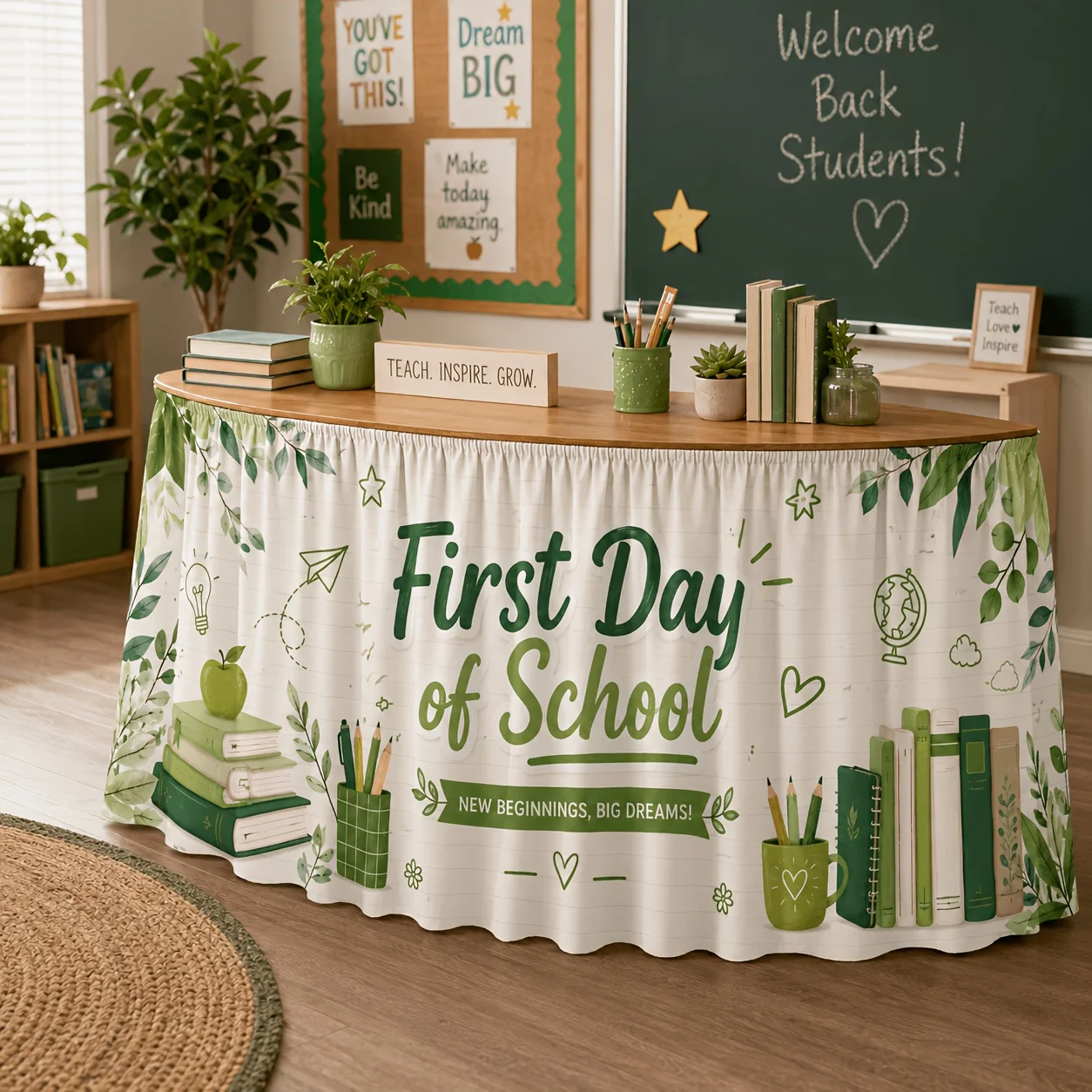 Send a table skirt, 1 piece, First Day of School Table Skirt, Green Plants First Day Back to School Theme