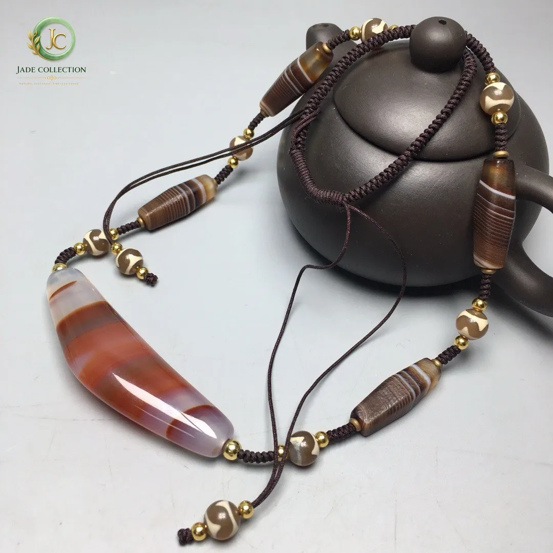 Tibetan Natural Red Old Agate Dzi Silkworm Lines Horn Bead Necklace S0528