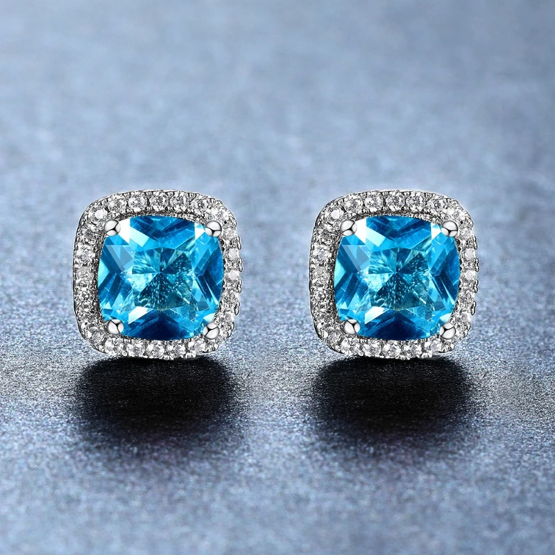 Water Blue Square Zircon Earrings for Women Fashionable High-End Jewelry EuropeanAmerican Style Versatile Personalized Accessory