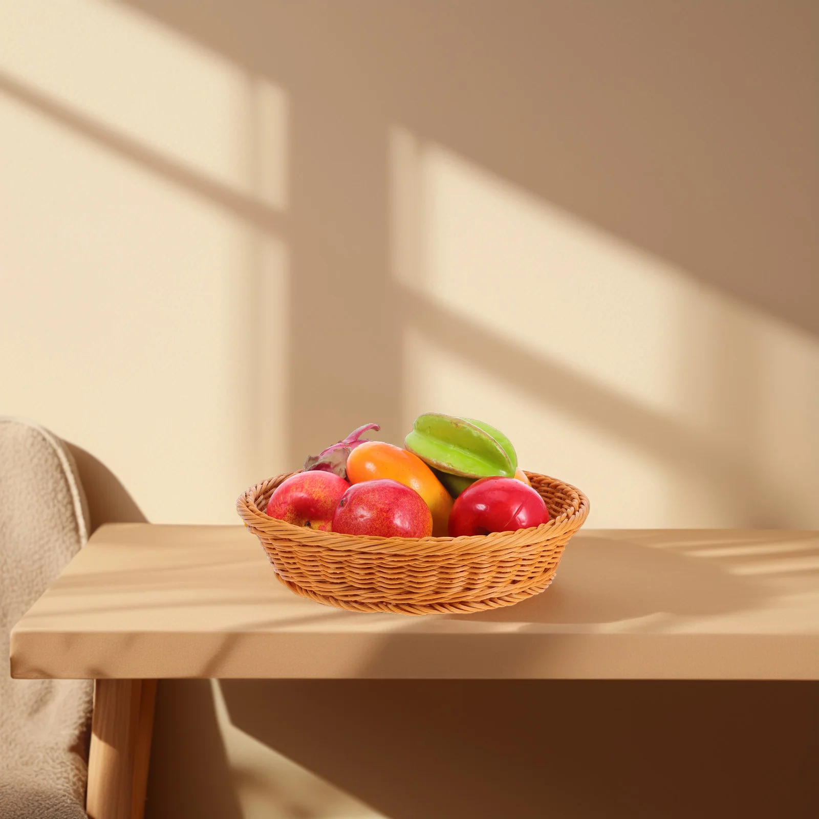 

30Cm Brown Beige Imitation Woven Rattan Fruit Basket Multifunctional Food Storage Container For Bread Fruits Vegetables Snacks