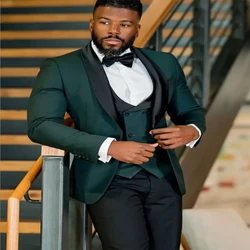 Traje de 3 piezas de color verde oscuro para hombre, esmoquin de boda con solapa negra excelente, esmoquin de novio, Blazer de negocios para cena y graduación, diseño personalizado