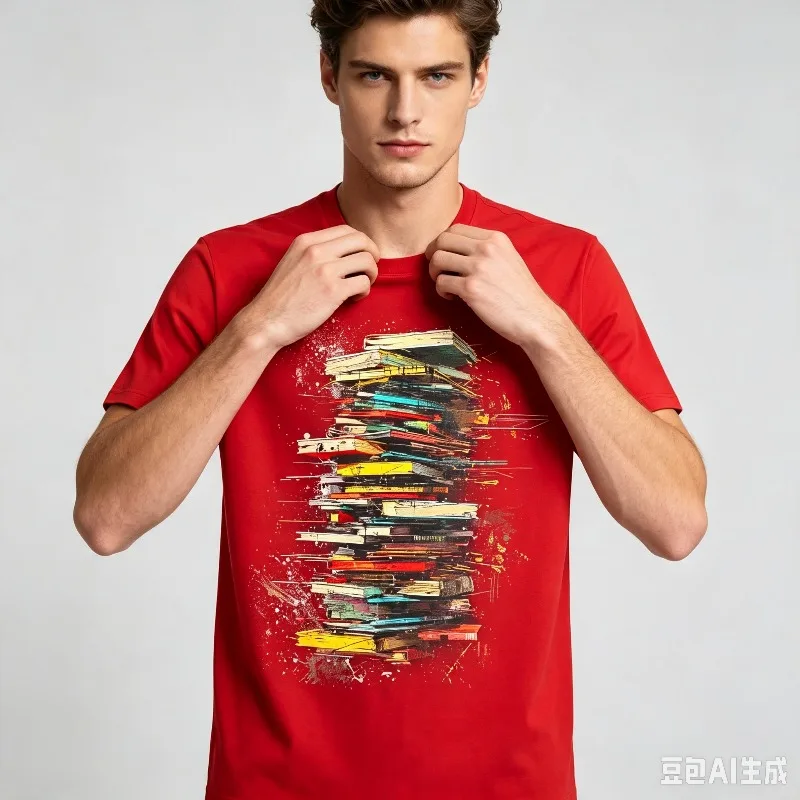 Abstract Book Stack Graffiti Art T-Shirt Men 1 Cotton Casual Streetwear Hip Hop Style Tee for Reading Lovers Urban Fashion Top