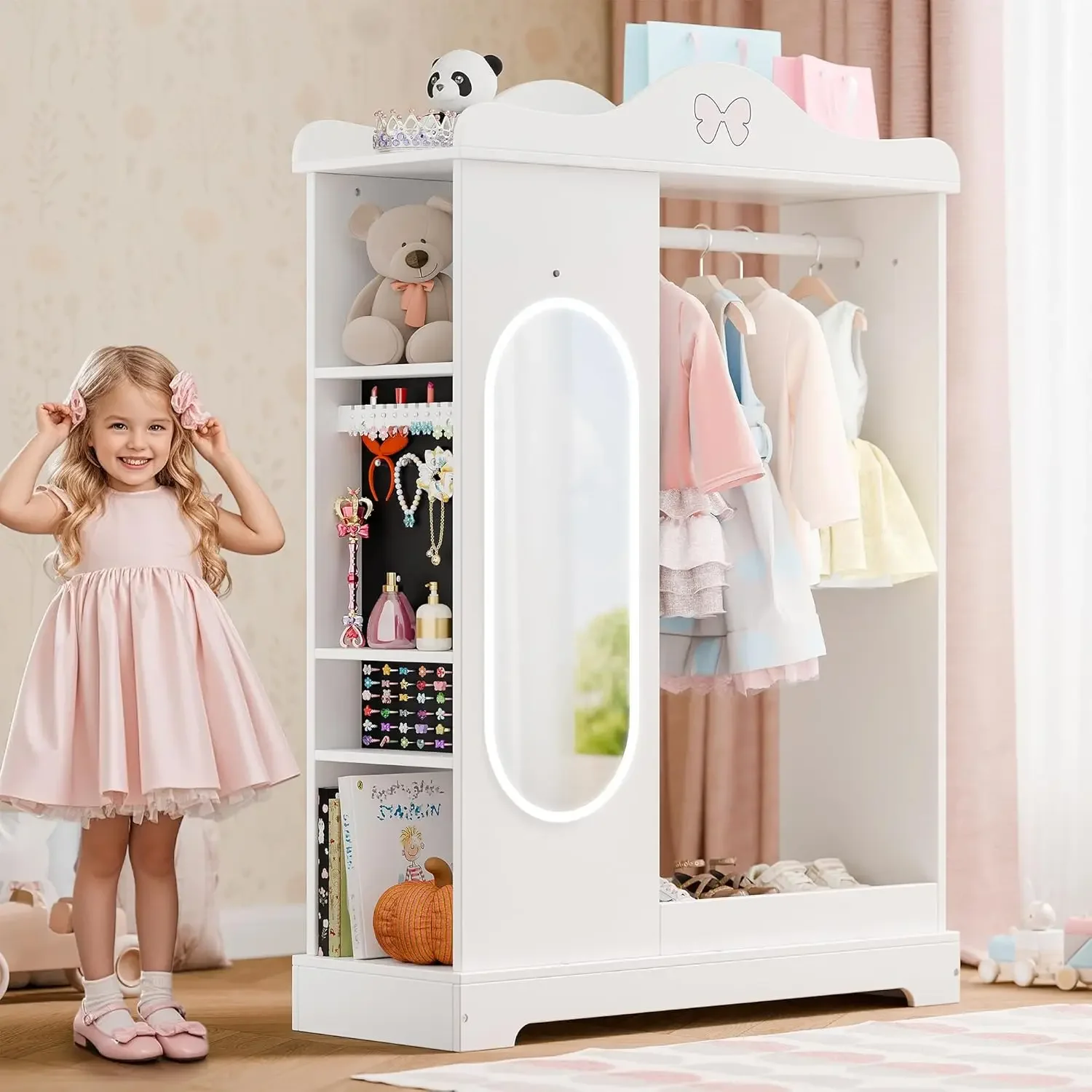 

Kids Armoire with a Jewelry Cabinet, Princess Dress Up Closet with Mirror, Kids Wardrobe Closet with Storage Shelves, Armoire Co