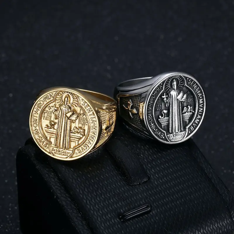 Titanium Steel Catholic Patron Saint St Benedict of Nursia Holy Medal Cross Round Finger Rings for Men Punk Jewelry