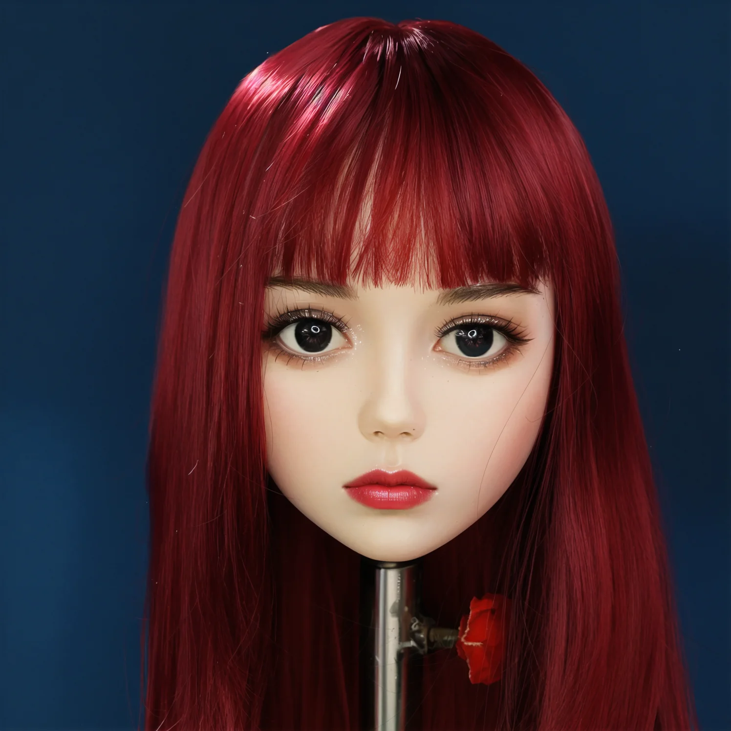 Model kepala boneka wanita yang sangat imut, bahan TPE, wig merah anggur, pasangan sempurna, tekstur lembut, teman tidur malam, dekorasi meja