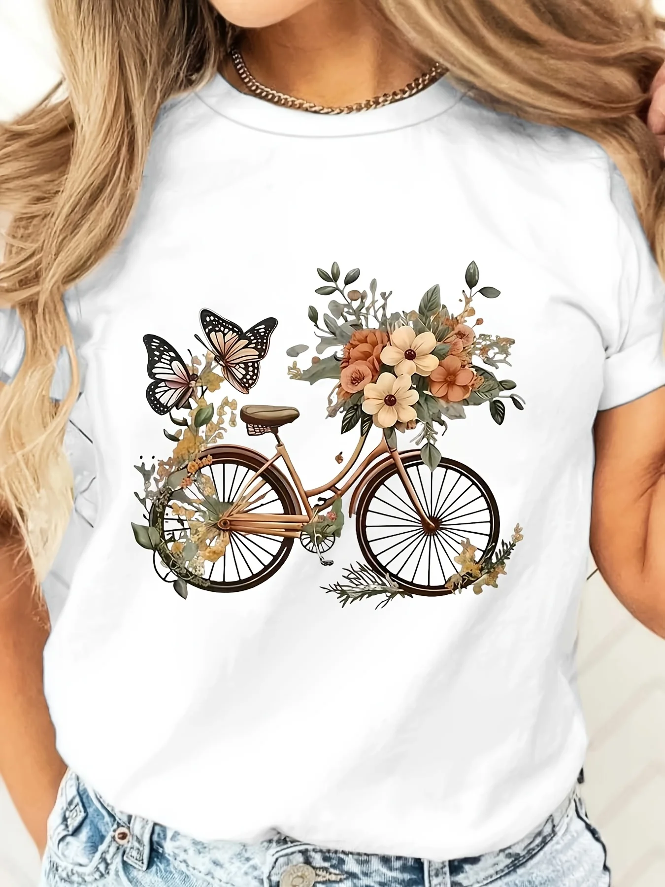 Floral Bicycle And Butterfly Print T-Shirt, Vintage Spring Summer Aesthetic, Casual Daily Wear Outdoor