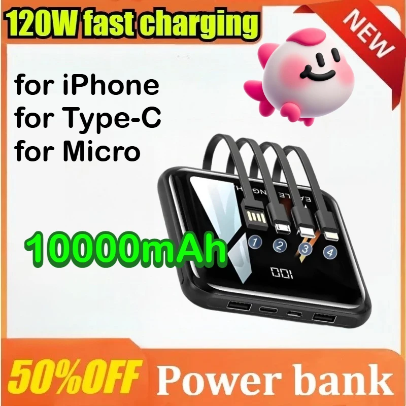 

10000mAh Mini Power Bank Large Capacity Super Fast Charging External Battery Built-in 4 Cables for IPhone for Samsung for Xiaomi