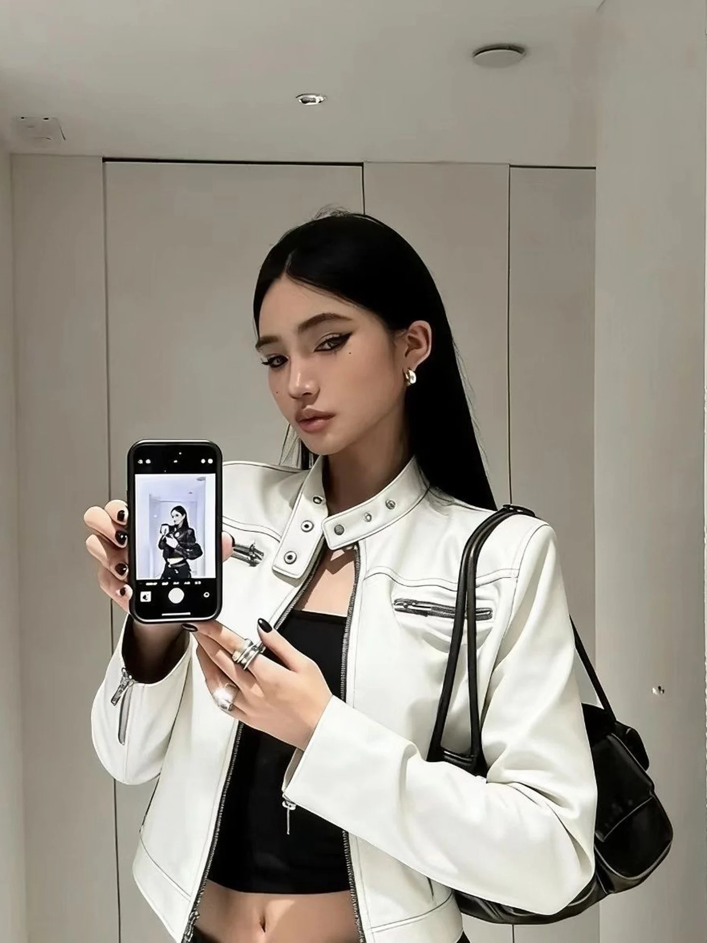 Stylish Korean Fashion Leather Jacket Women's Zipper Cuff Stand Collar Slim Fit Motorcycle Top Hot Girl Short Outerwear