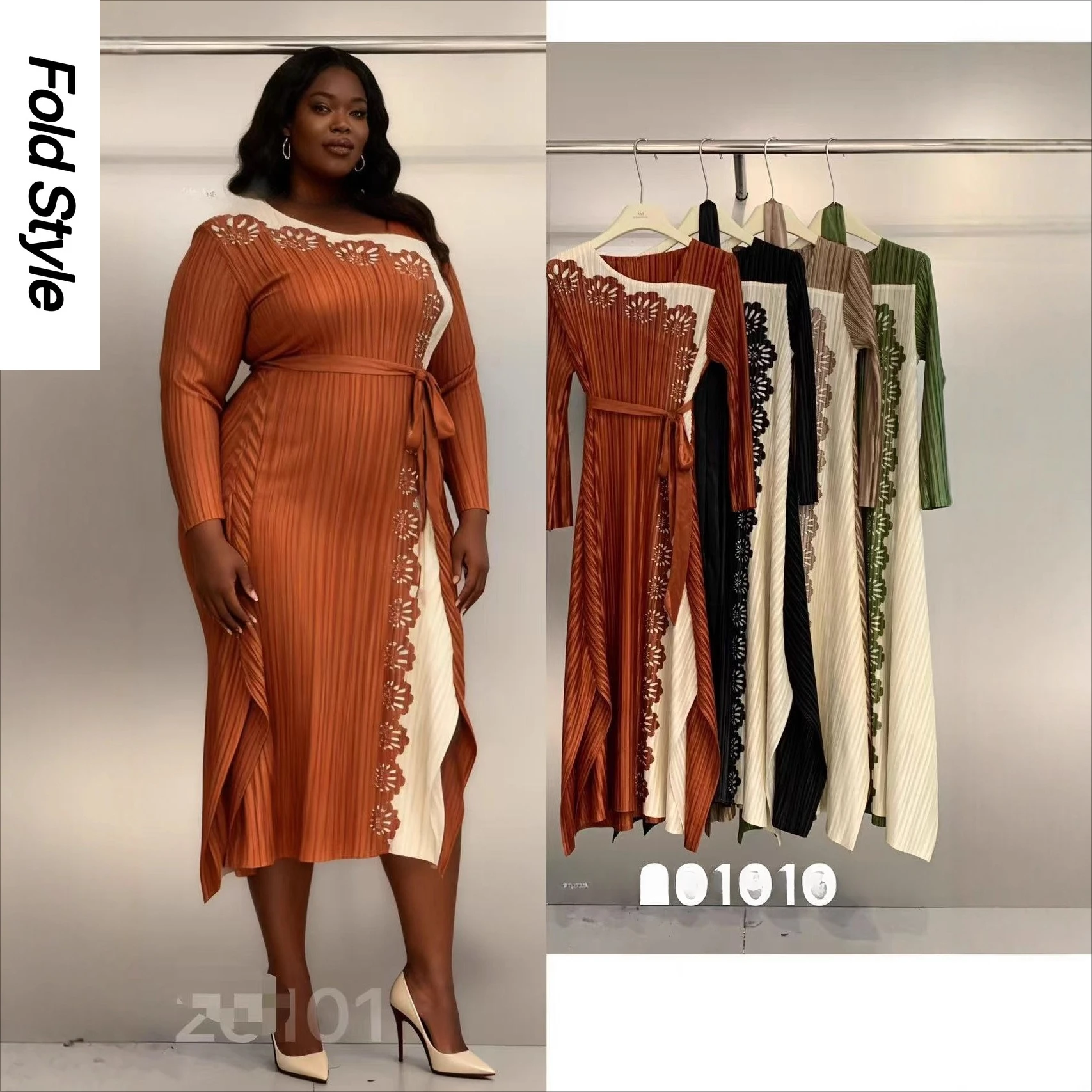 

Miyake плиссированное модное кружевное свободное платье контрастного цвета с круглым вырезом, длинное платье с мясом, женская одежда