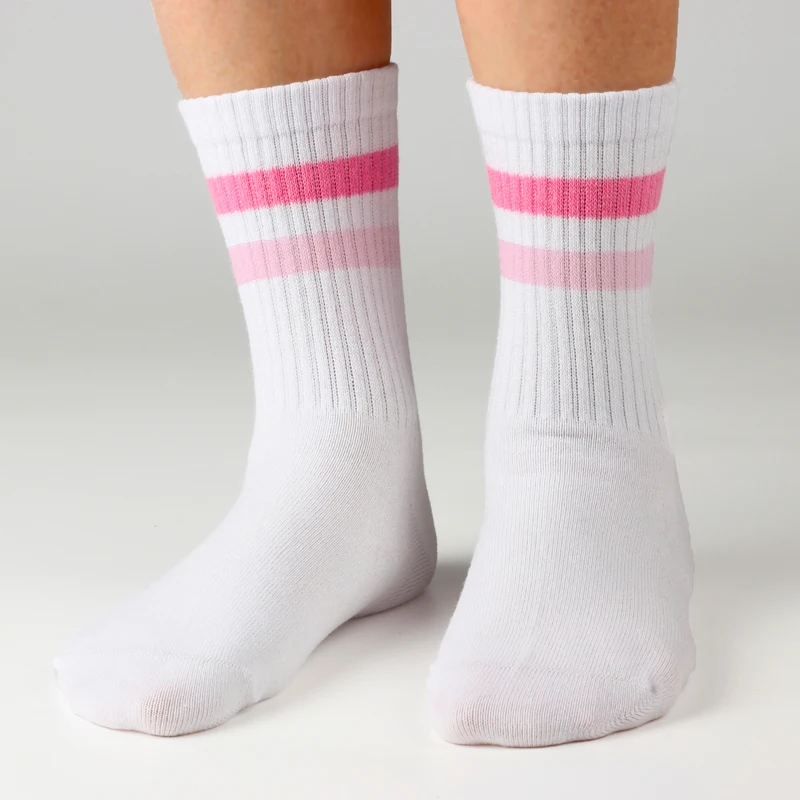 4 pairs long pink, white and grey girls' sports socks,  a retro striped heart pattern.  kid's socks suitable for all seasons. image 2