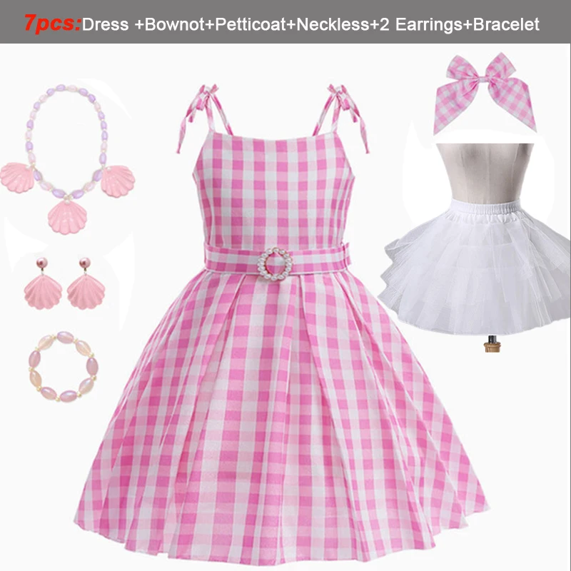 Movie Barbie Theme Costume Clothes For Girls Pink Plaid Party Princess Dress Birthday Halloween Carnival Vestidos