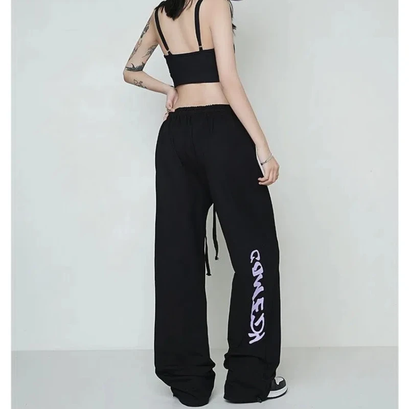 Sport Amerikaanse Jazzdans Dames 2024 Nieuwe Splicing Elastische Hoge taille Zak Letter Mode Losse Veelzijdige Casual Broek