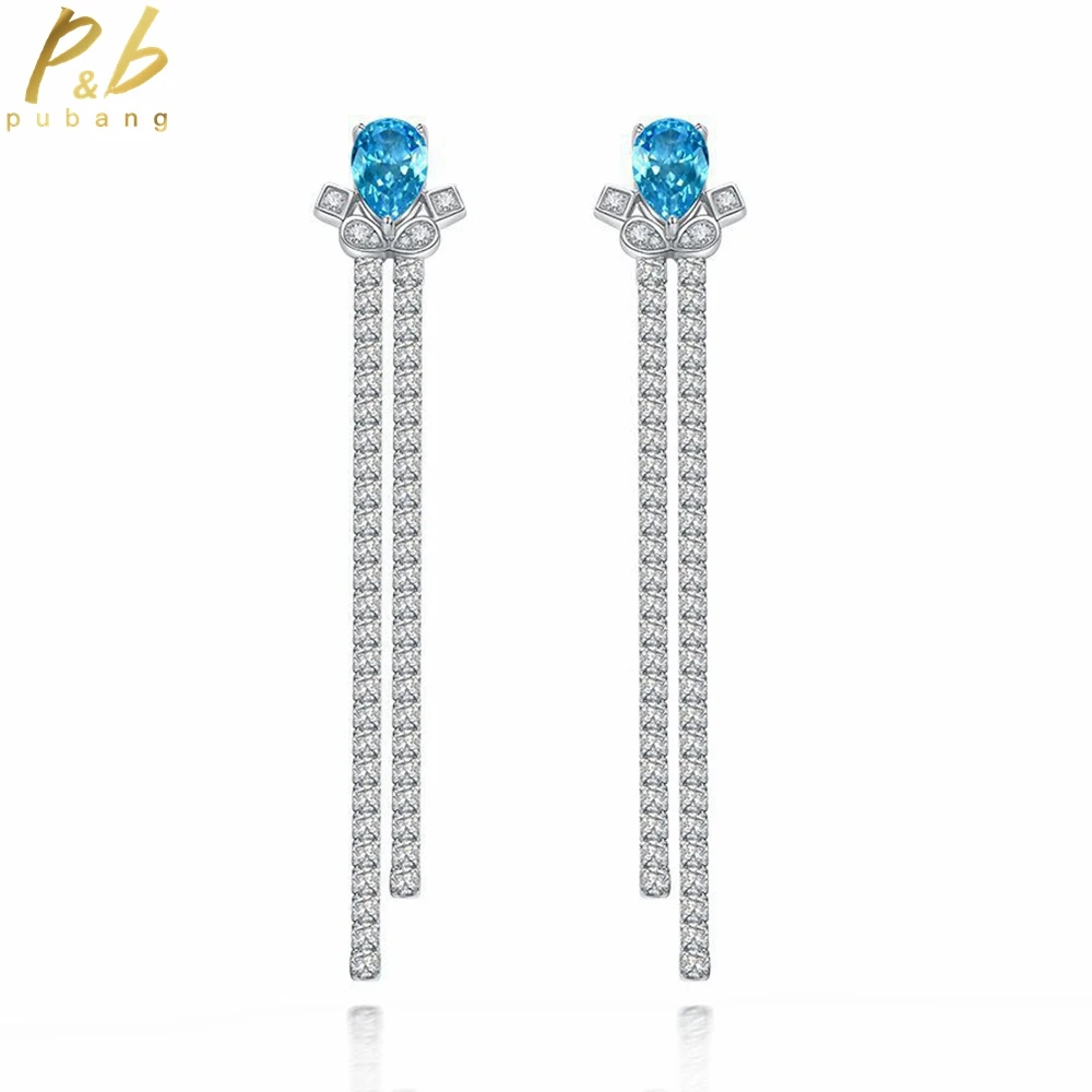 

PuBang Fine Jewelry 925 Sterling Silver Stud Earrings Blue Pear Gemstone Created Moissanite for Women Wedding Gift Drop Shipping