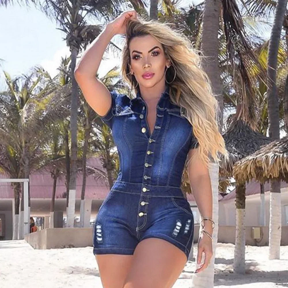 Bodycon Women Sexy Turn Down Collar Jeans Romper Summer Short Sleeved Casual Jeans Playsuit Hole Denim Shorts Overalls