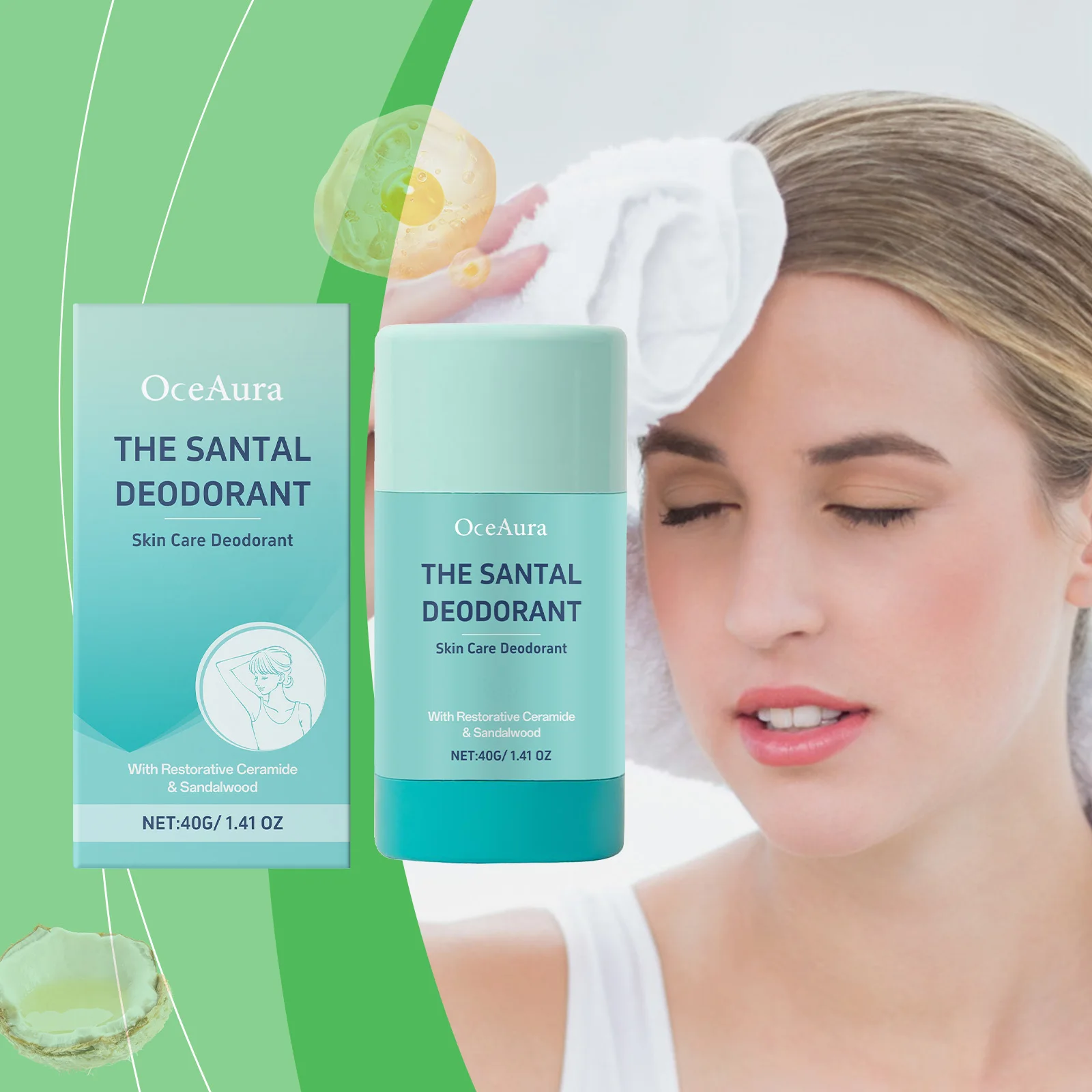 

OceAura Deodorant Stick Santal Wood Armpit Sweat Protector Odor Remover Natural Organic Roll-On Armpit Deodorant for Women 40g