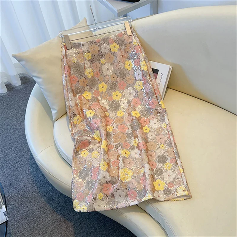 New Summer Fashion Skirt Women Colorful Sequins Floral Embroidered High Waist Slim A-line Elegant Party Skirts Clothing