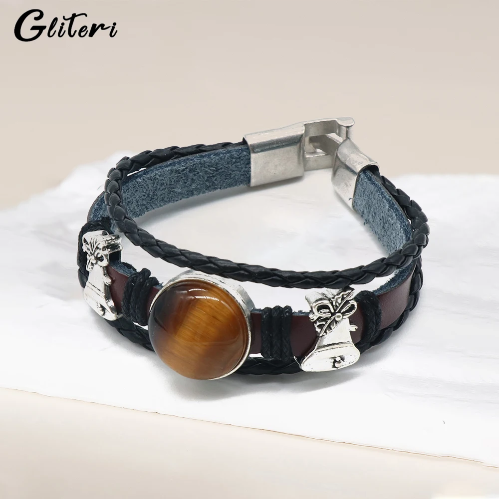 

GEITERI Vintage Crystal Agate Cowhide Knitted Bracelets For Men Women Alloy Inlaid Natural Jade Bangles Jewelry Christmas Gifts