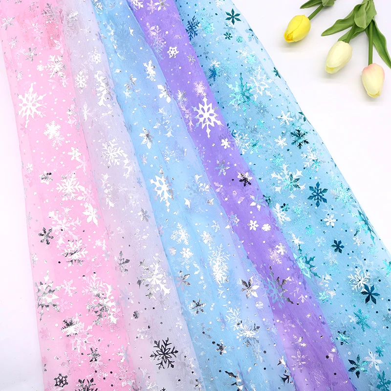 100x150cm Silver Snowflake Hot Stamping Tulle Fabric Mesh Fabric for Dress Skirt Lace Net Fabric Gauze Apparel Cloth DIY Sewing