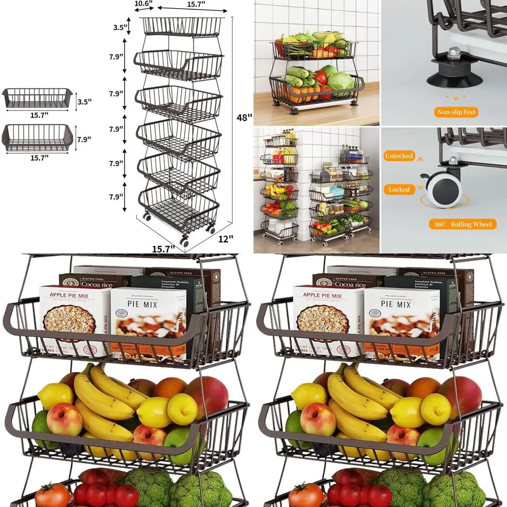 

6-уровневая штабелируемая проволочная корзина с колесами для хранения кухонных фруктов, овощей и закусок из бронзы