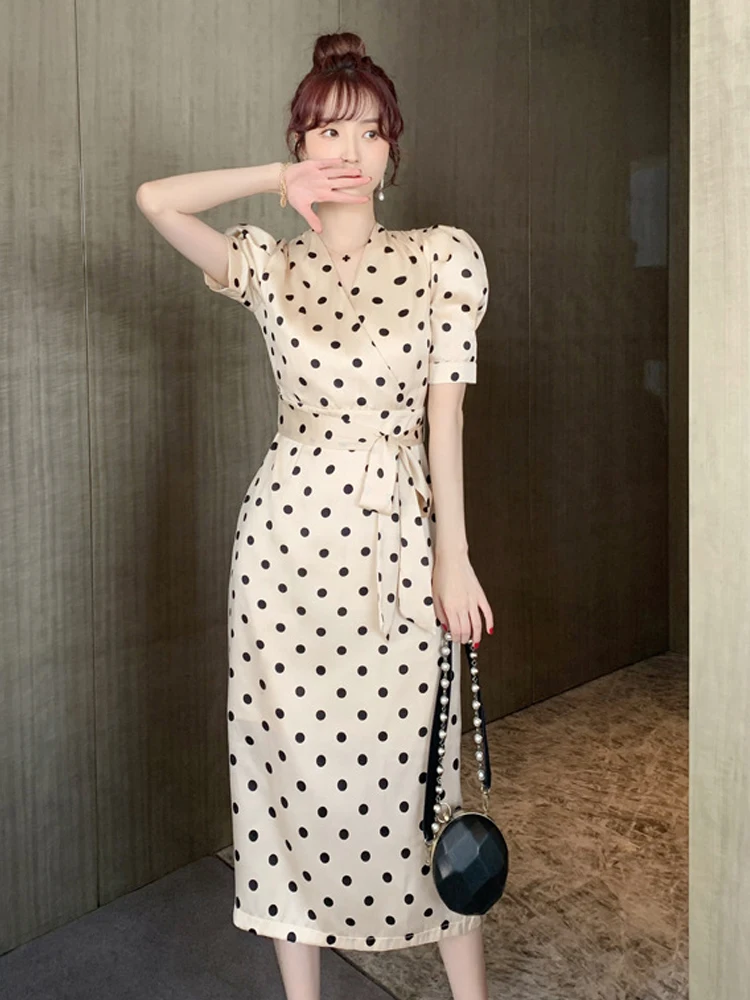 new arrival fashion party club dress women elegant summer vintage puff sleeve v-neck temperament office lady dot a-line dress