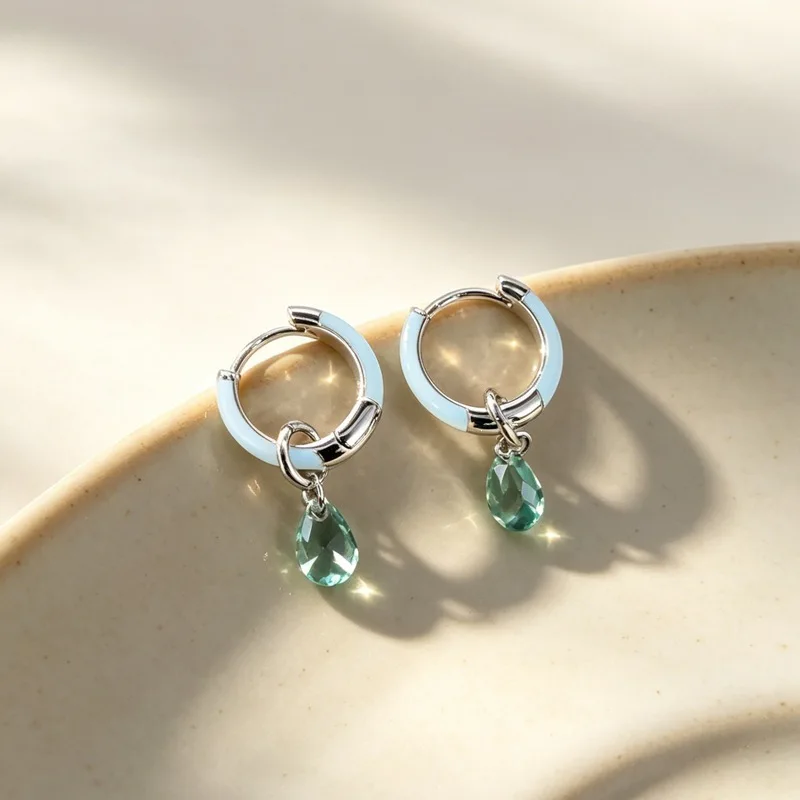 Blue Drop Zircon Pendant Simple 925 Sterling Silver Jewelry Delicate Diamond-Embedded Earrings 3254
