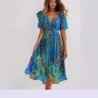 New 2025 Women's Loose Casual Comfortable V-ne Floral Print Dr Faionable A-line Skirt ort Sve round Ne Dr