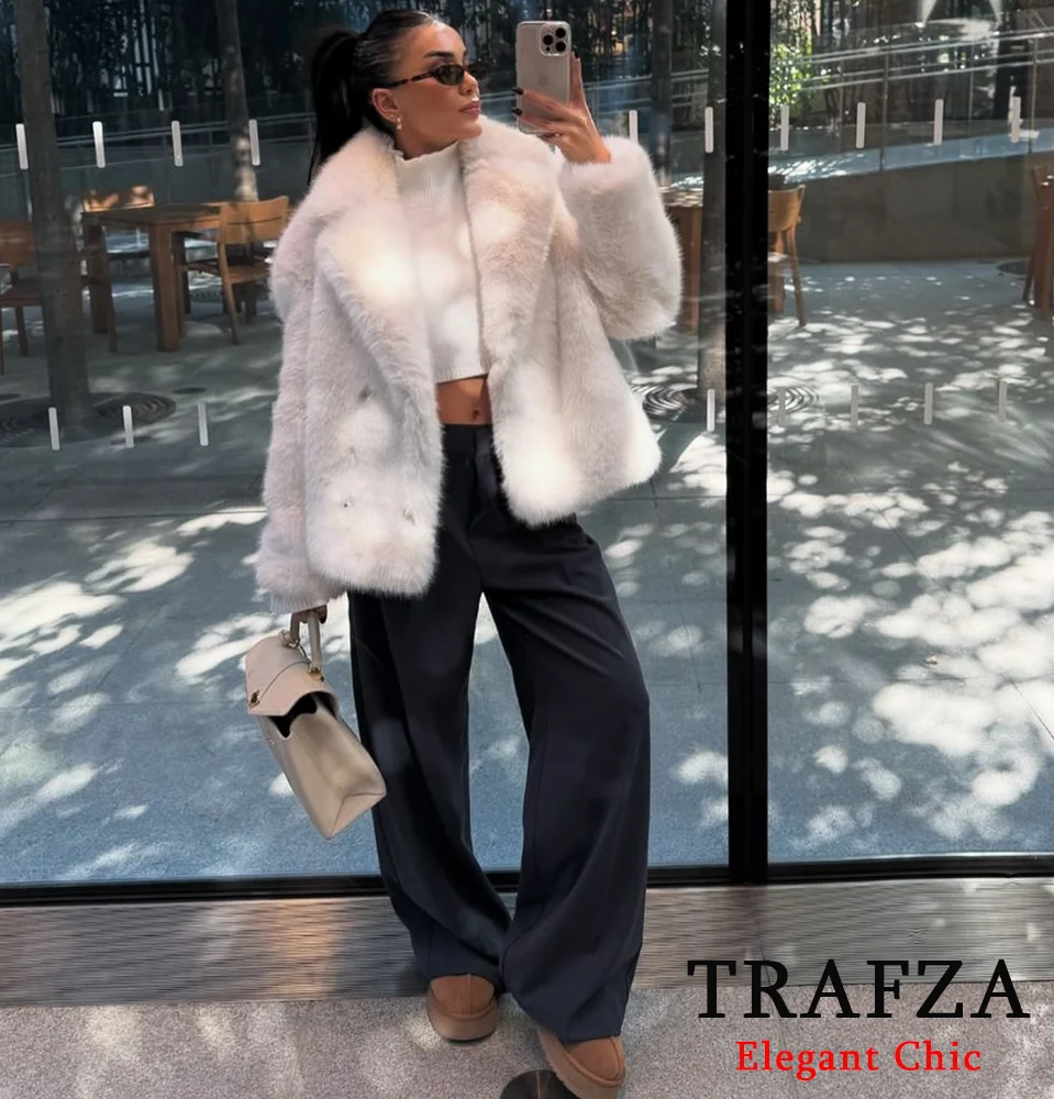 TRAFZA-Women Fashion Winter Solid Lapel Coat Faux Fur Coat Jacket New 2024 Autumn Winter Simple Casual Slouchy Romantic Coat