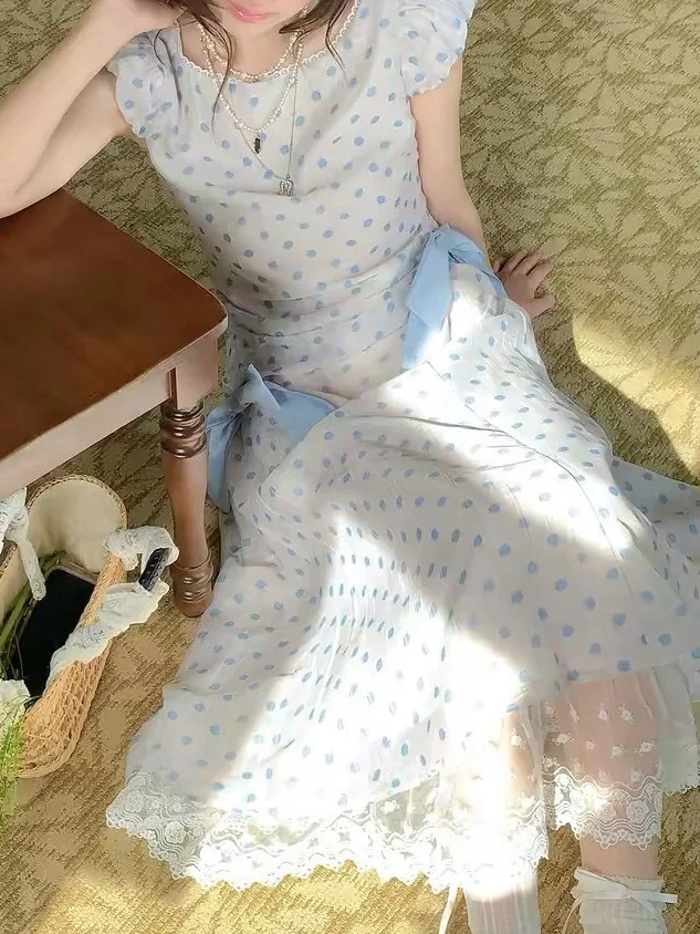 White Blue Polka Dot Sleeveless Midi Dress Women Side Drawstring Big Bow Double Layer Lace Hem Sweet Sundress