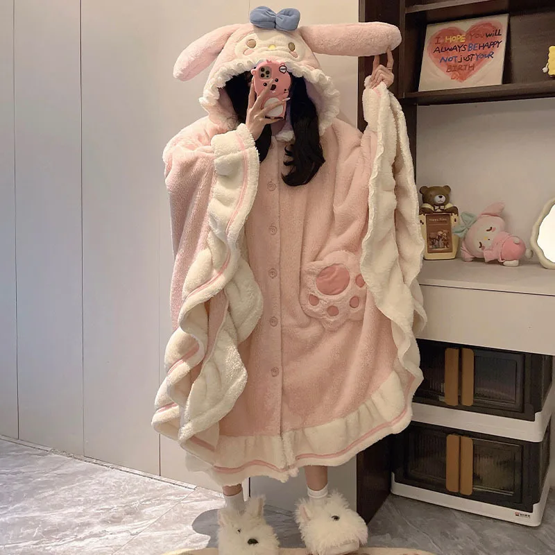 Anime My Melody 2 pezzi pigiama caldo peluche set Sanrio Kawaii inverno carino homewear per le donne camicia da notte in velluto corallo mantello ispessito
